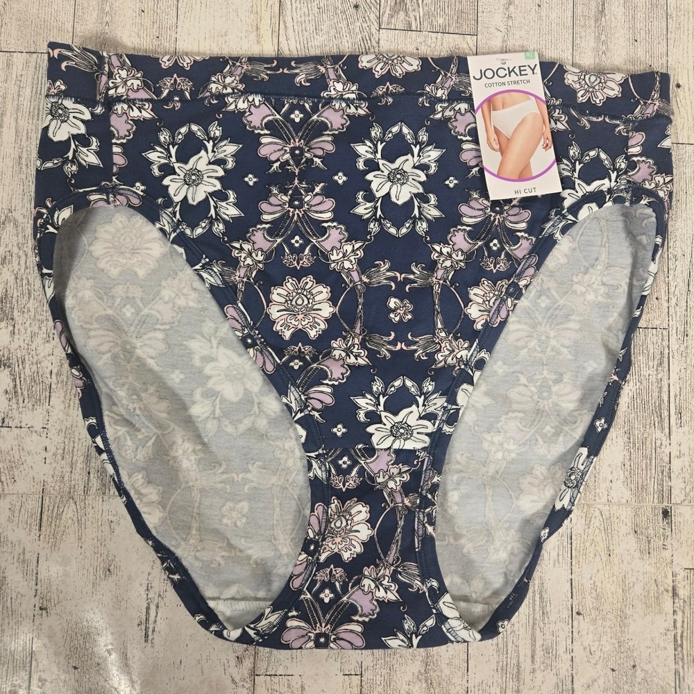 Jockey Cotton Stretch Hi Cut Brief Underwear Navy Floral Damask Size 8 XL NEW